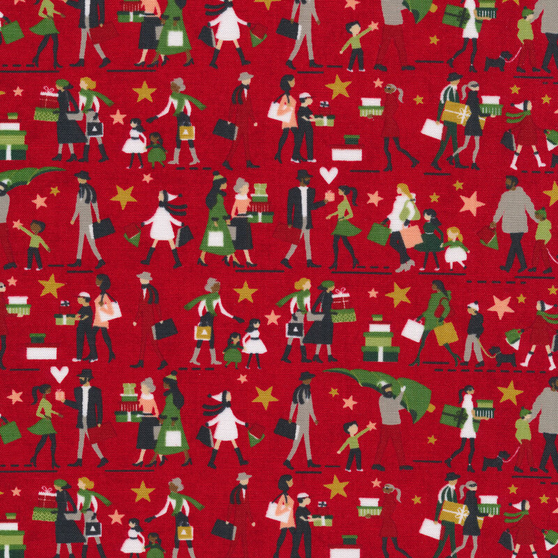 Illustrated people on a red background