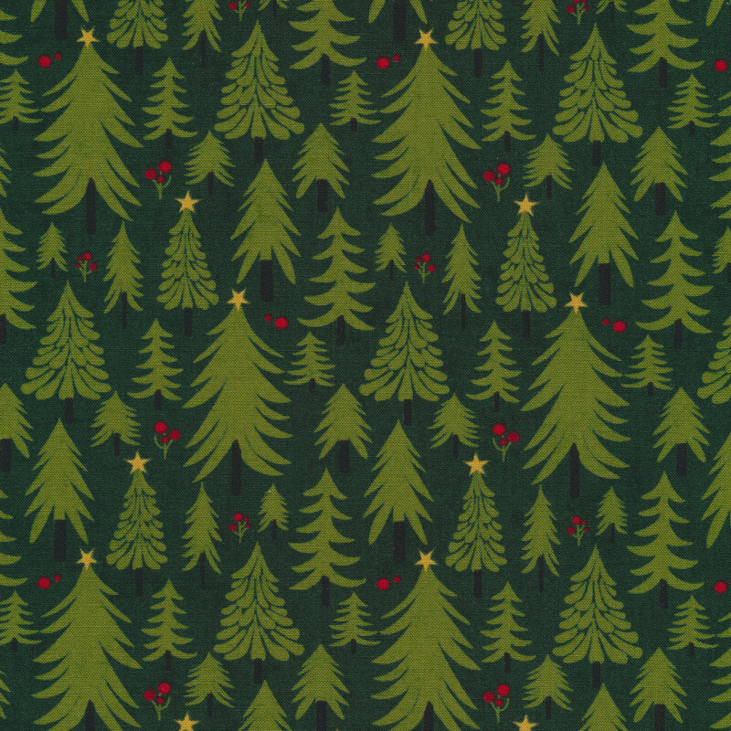 Illustrated Christmas trees on a green background