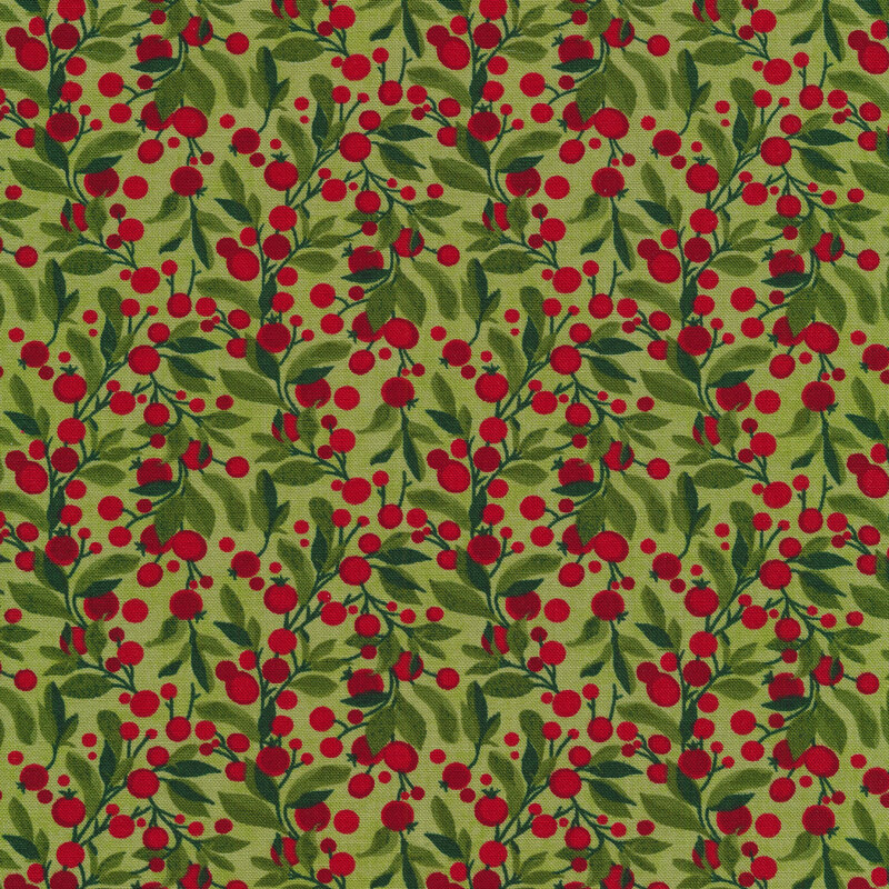 Leafy branches with red berries on a light green background