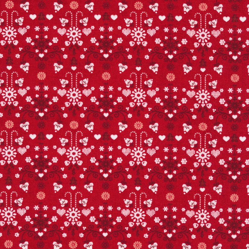 Candy cane and heart designs on a red background