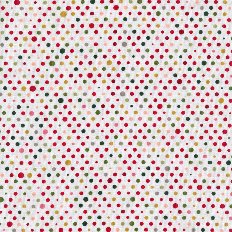 Red, green, and yellow polka dots on a white background