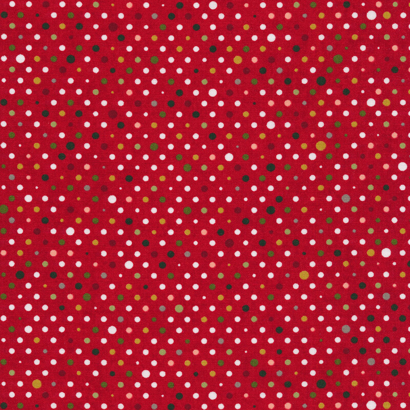 White, green, red, and yellow polka dots on a red background