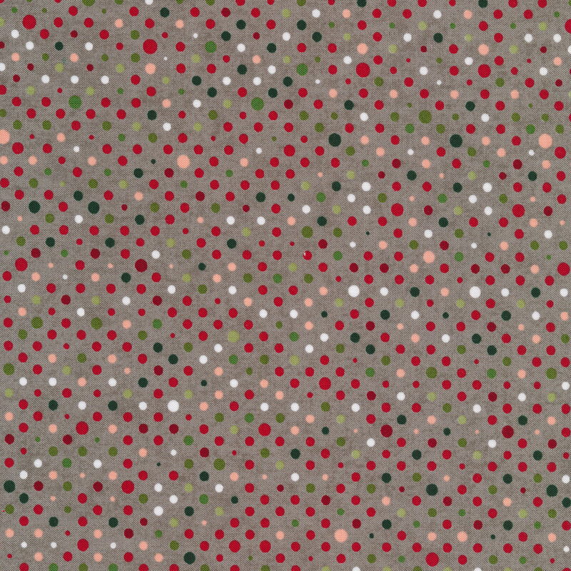White, green, and red polka dots on a gray background