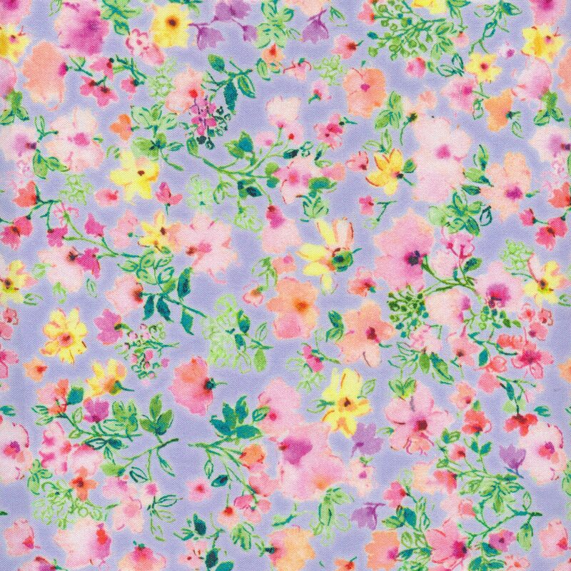 Tossed watercolor flowers on a lavender background