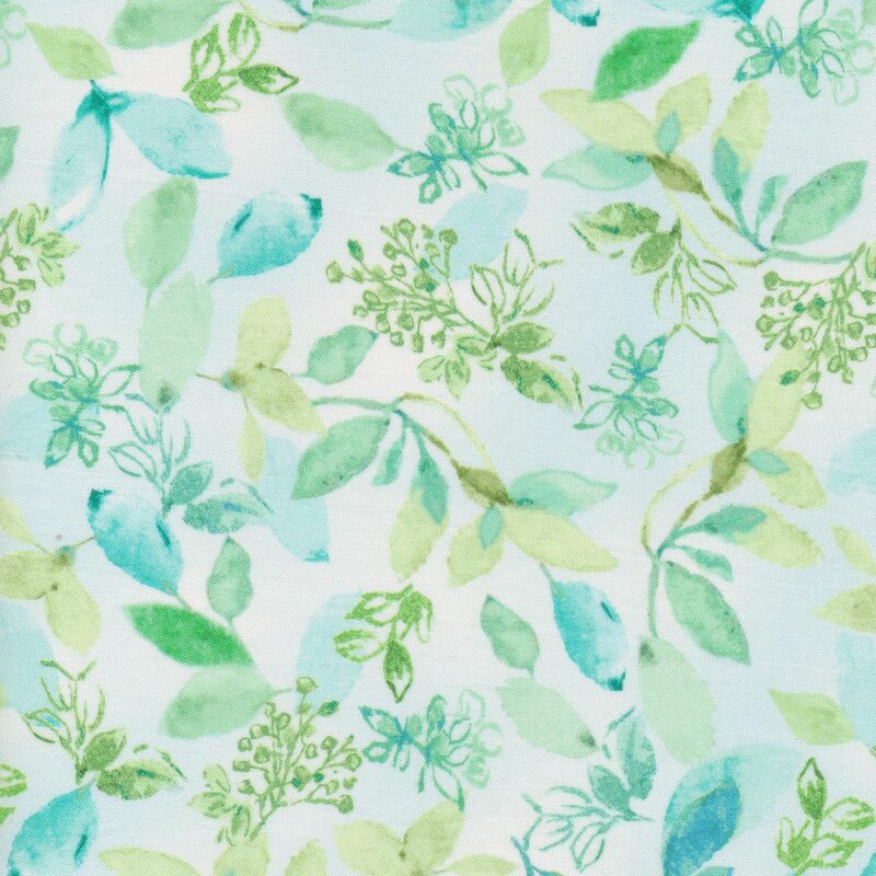 Tossed watercolor leaves on an aqua background