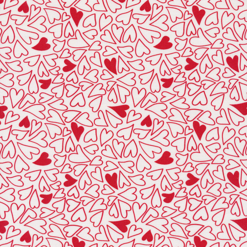 Swirled red and white hearts all over a white background