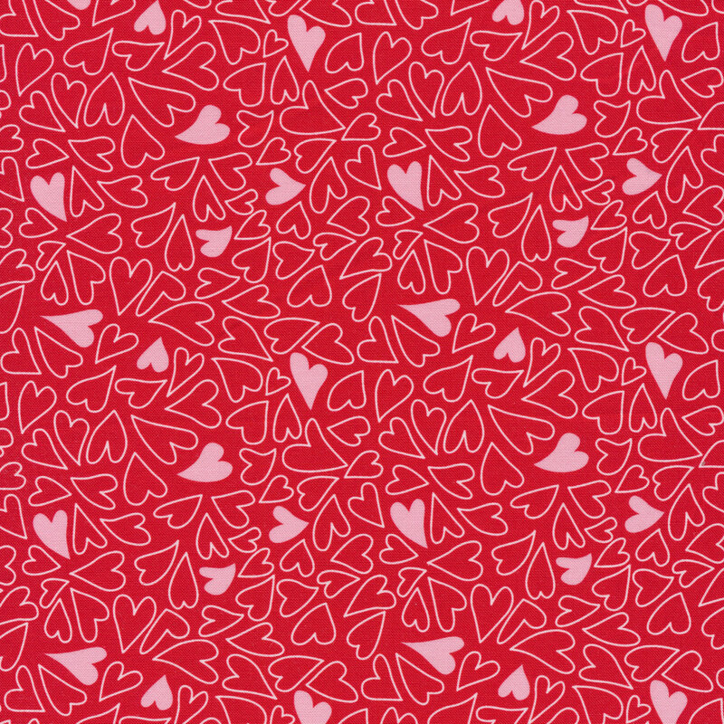 Swirled red and pink hearts all over a red background