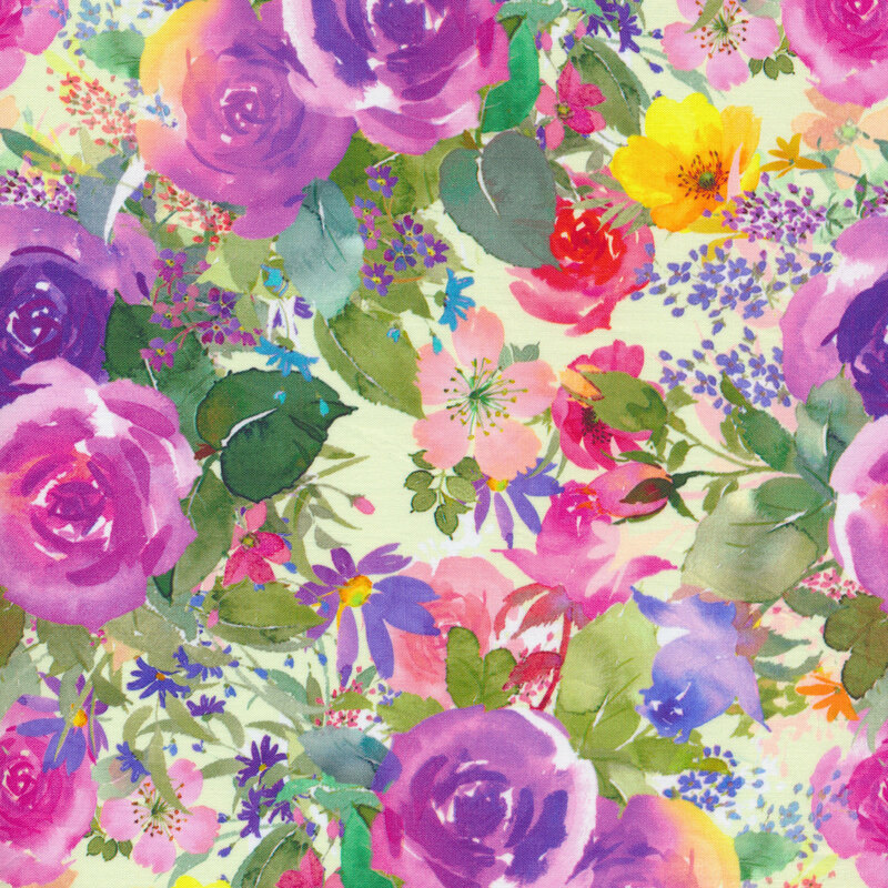 Digitally printed cream fabric features multi colored tossed florals | Shabby Fabrics