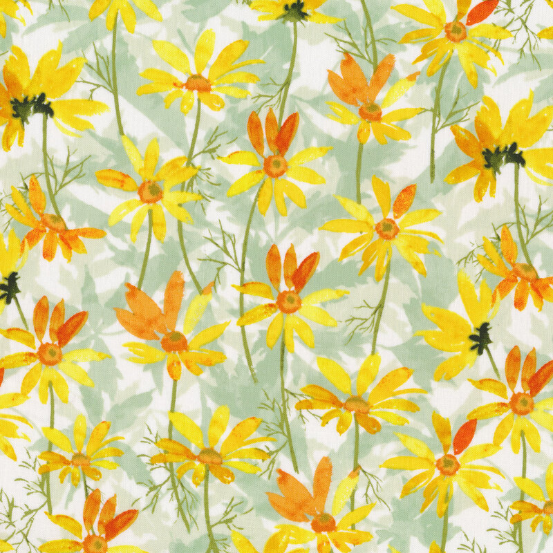 Digitally printed cream fabric features overlay green leaves yellow daisies | Shabby Fabrics