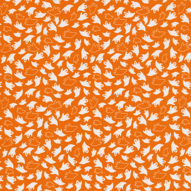 Tossed white ghosts on an orange background