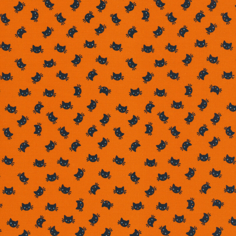 Tossed black cat heads on an orange background