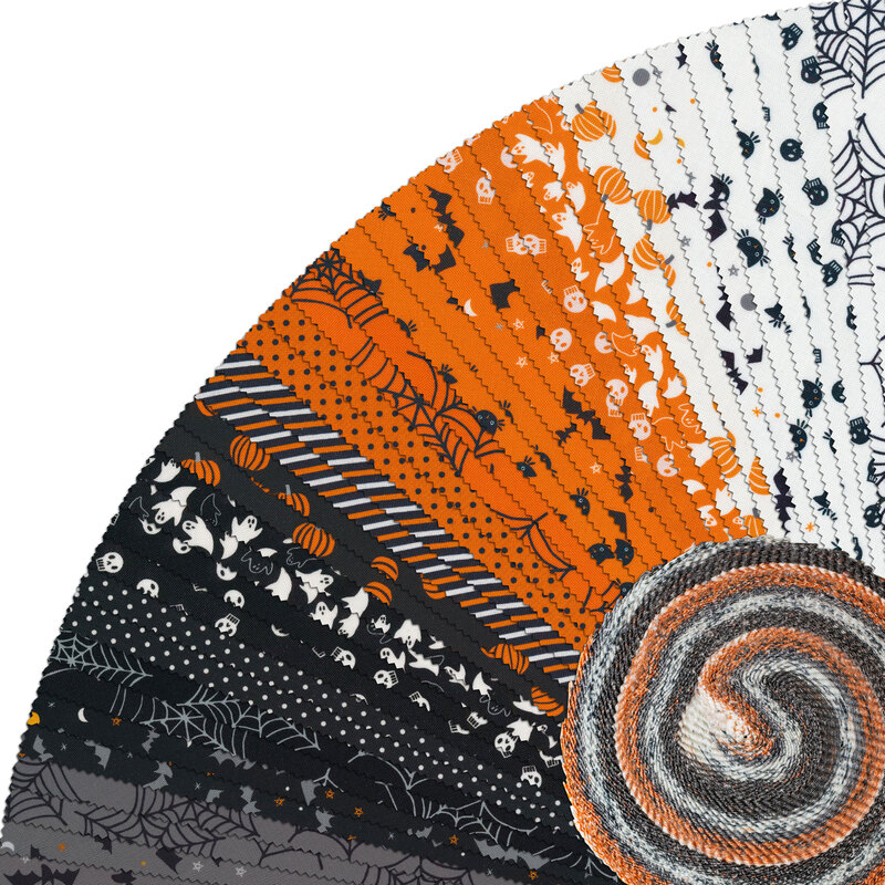 A collage of Halloween inspired fabrics from the Holiday Essentials Halloween Jelly Roll
