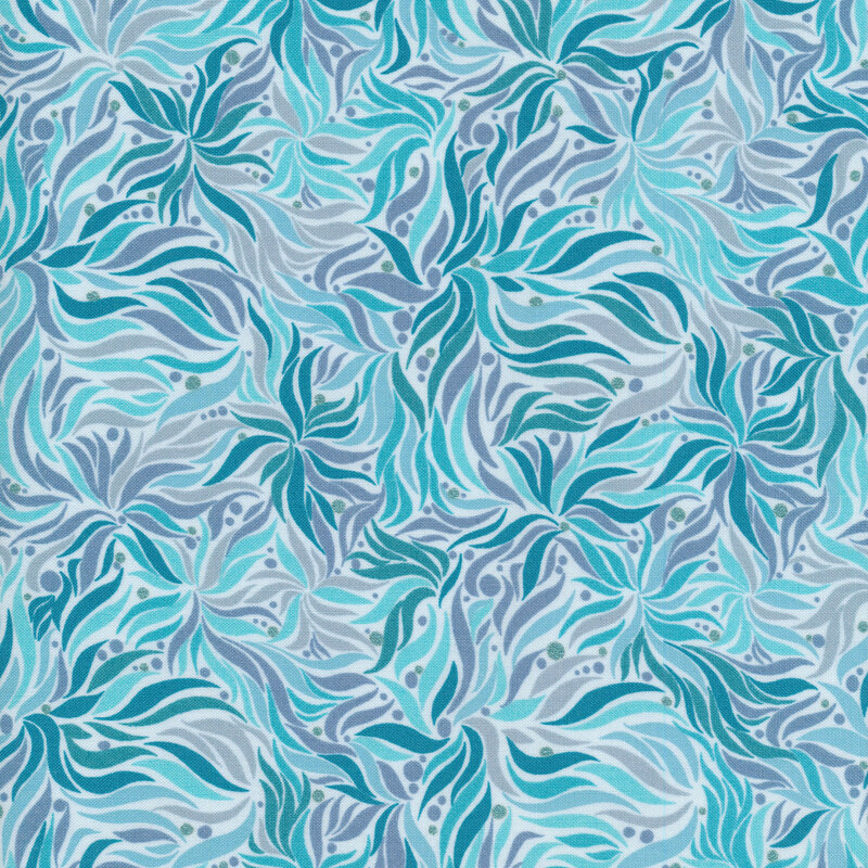Blue and aqua flower and dot design on a white background