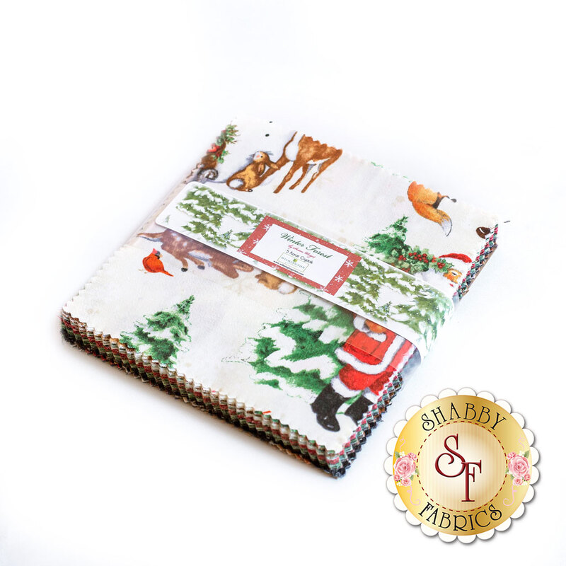 A splayed view of the fabrics in the Winter Forest 5" Squares