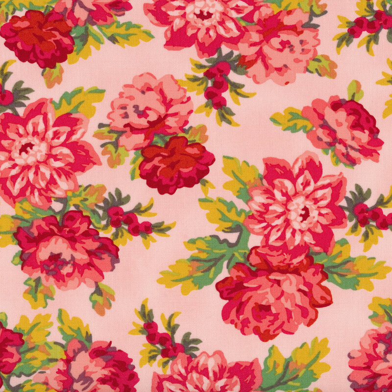 Tossed red/pink floral on a pink background