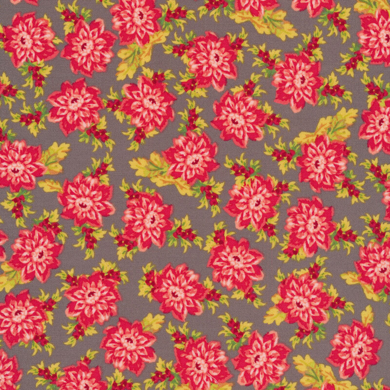 Tossed pink floral and leaves on a taupe background
