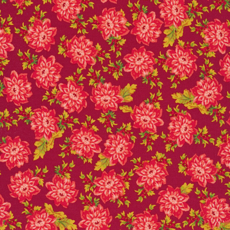 Tossed pink floral and leaves on a red background