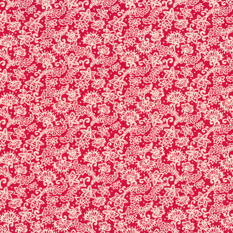 White flower and leafy vine designs on a red background