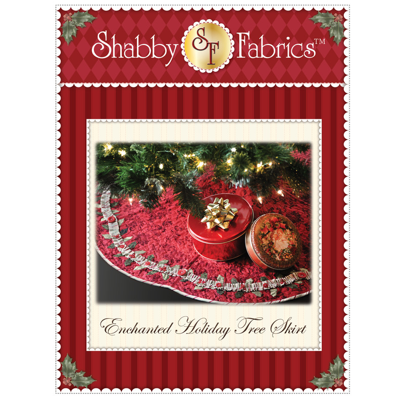 The front of the Enchanted Holiday Tree Skirt pattern by Shabby Fabrics showing the finished tree skirt around the base of a Christmas tree.