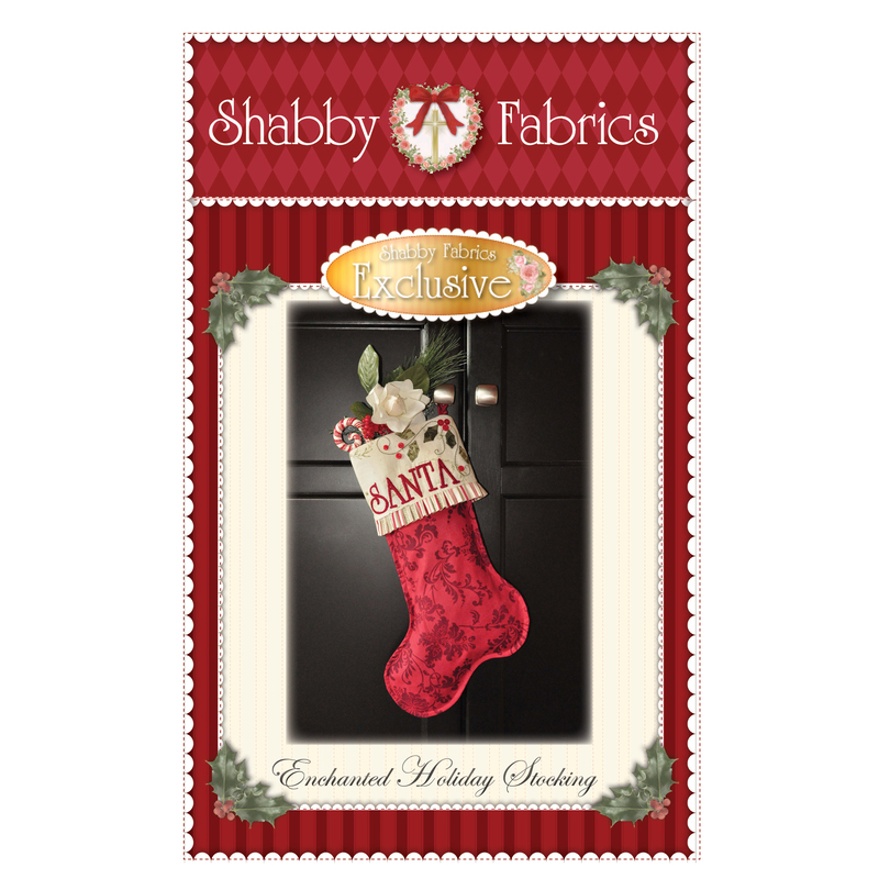 The front of the Enchanted Holiday Stocking pattern by Shabby Fabrics showing the finished stocking.