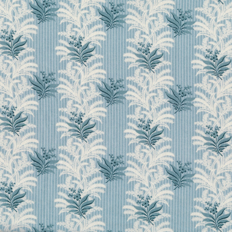 Fabric features composite overlay of blue cream florals and stripes on blue | Shabby Fabrics
