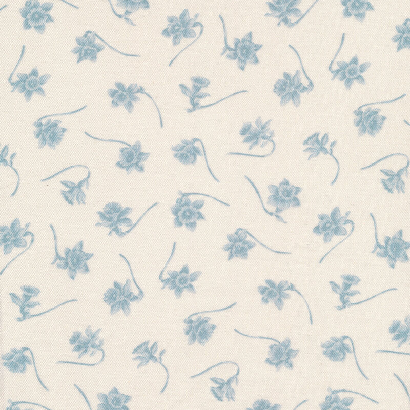 Fabric features illustrated blue daffodil pattern on cream | Shabby Fabrics
