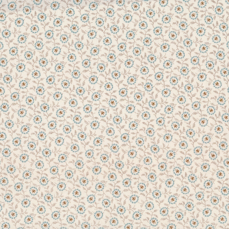 Fabric features small blue and tan floral design allover on cream | Shabby Fabrics