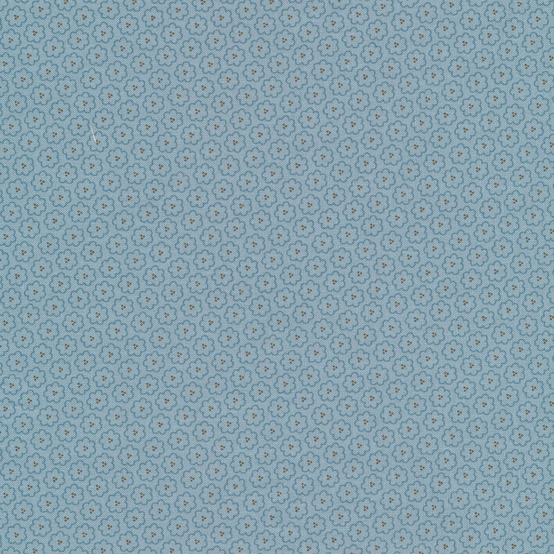 Fabric features small blue flower outlines with brown seeds on light blue | Shabby Fabrics