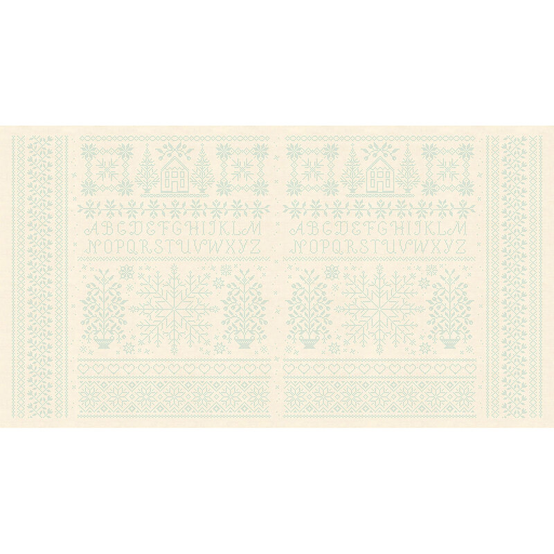 Fabric panel features light blue winter cross stitch sampler design on cream | Shabby Fabrics