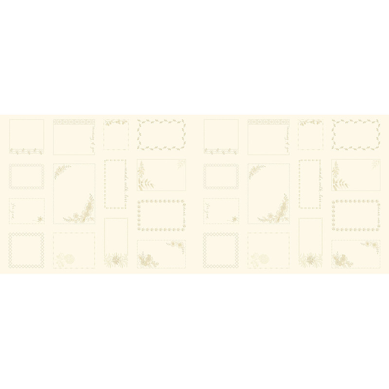 Fabric panel features 28 tan gift tags on cream | Shabby Fabrics