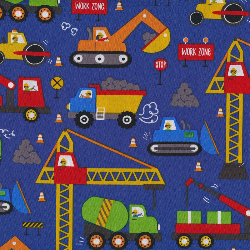 Construction trucks on a blue background