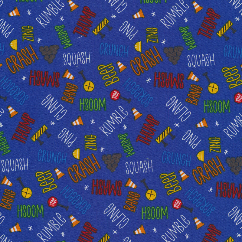Tossed words and construction signs on a blue background