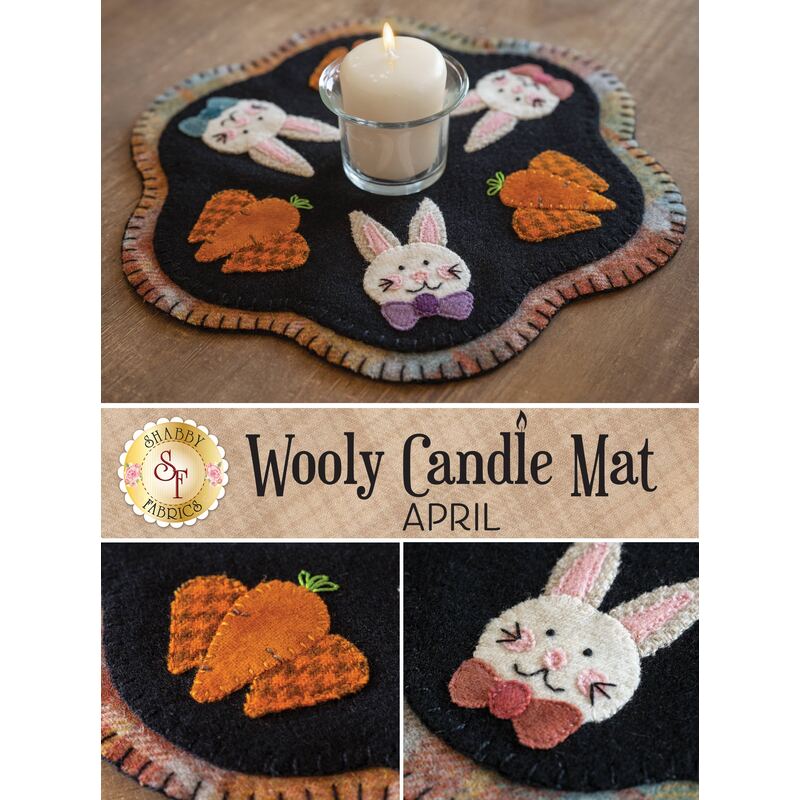A collage of the adorable April Wooly Candle Mat with a small candle on top