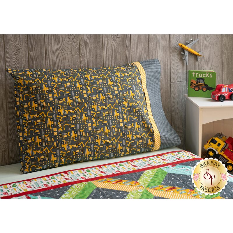 The standard size On The Go Magic Pillowcase made with Construction Zone fabrics