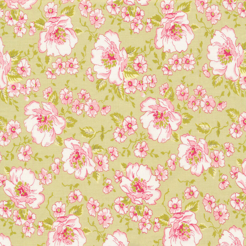 Pink and white flowers on a green background