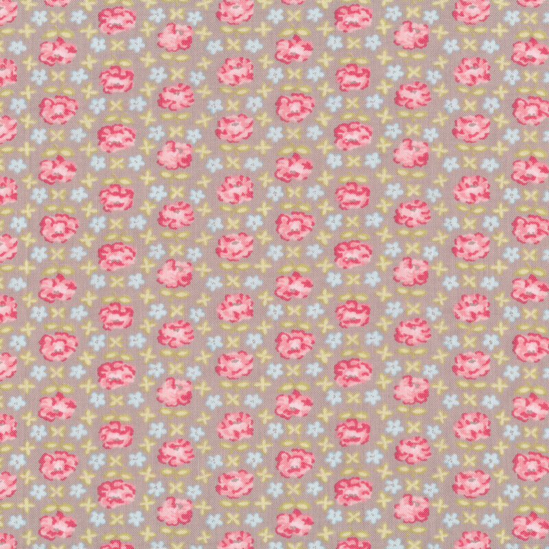 Pink and blue geometric floral on a gray background