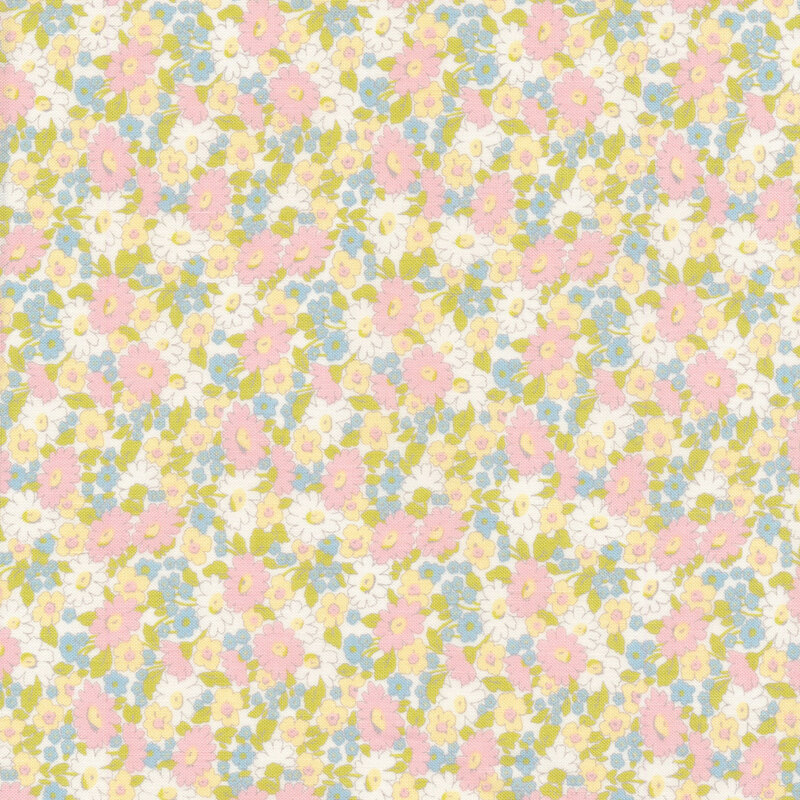 Pink, yellow, blue, and white floral allover