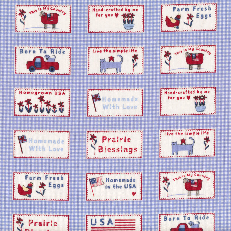 Adorable sky blue gingham print with small summertime patches