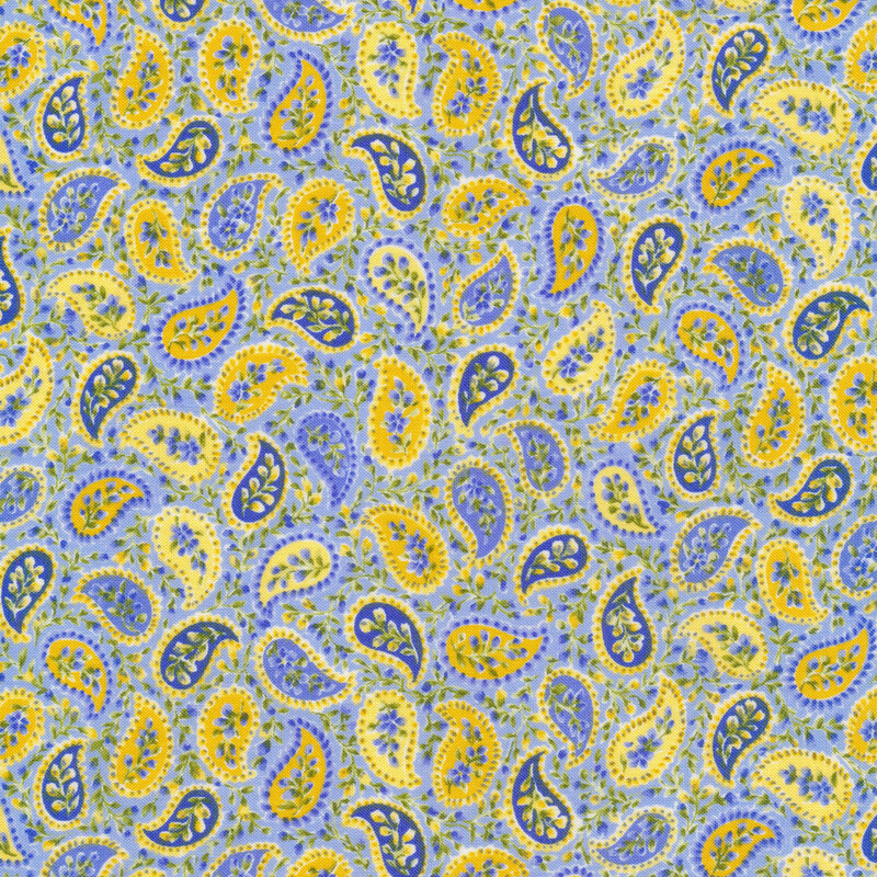 Blue and yellow paisleys on a light blue background