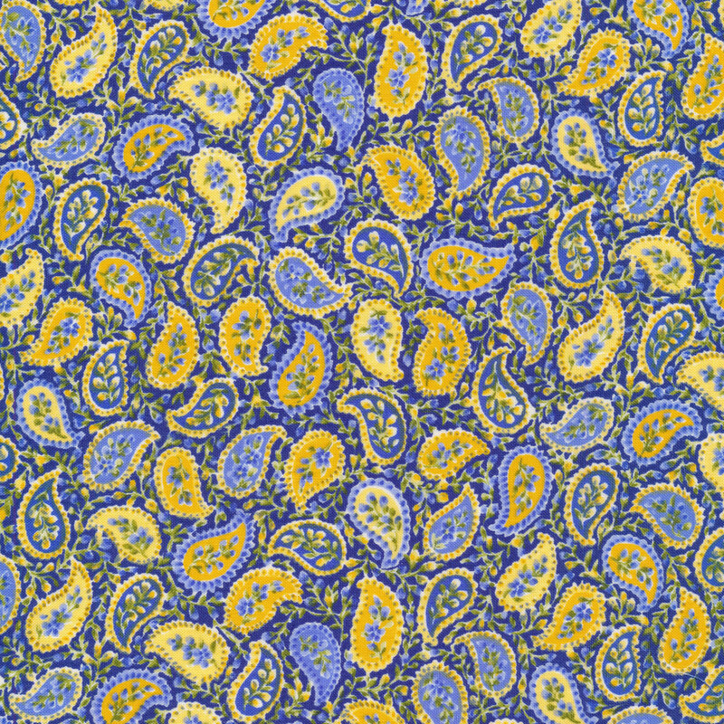 Blue and yellow paisleys on a dark blue background