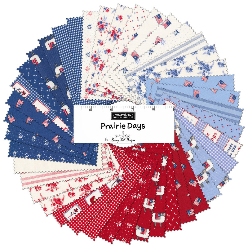 A collage of red, white, and blue fabrics from the Prairie Days Charm Pack