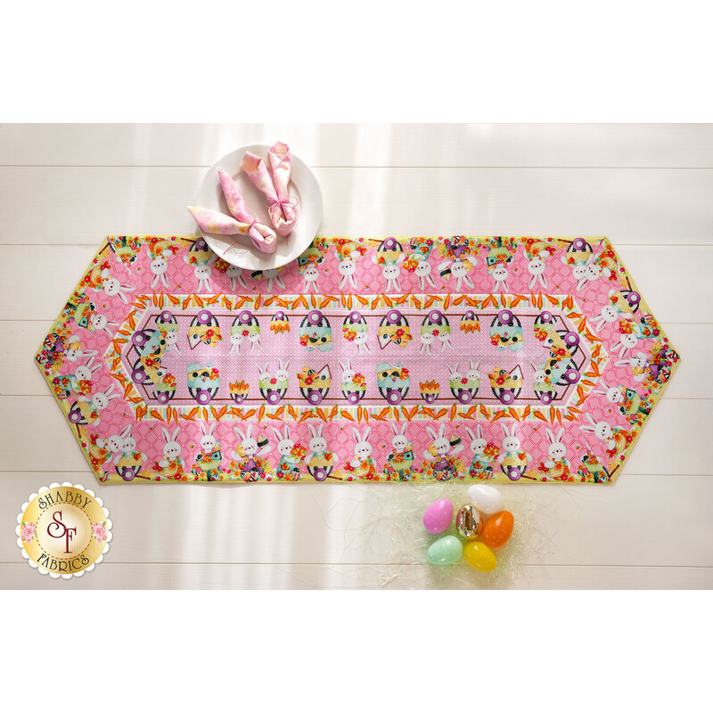 The adorable Easter Fun Easy Striped Table Runner on a white table with Easter decor