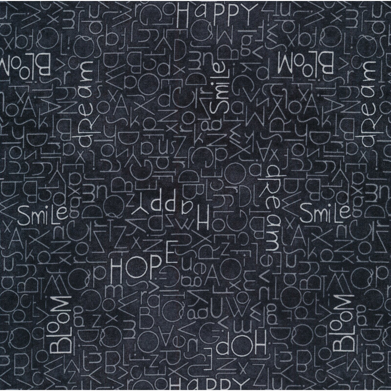 Positive words and phrases all over a dark gray mottled background