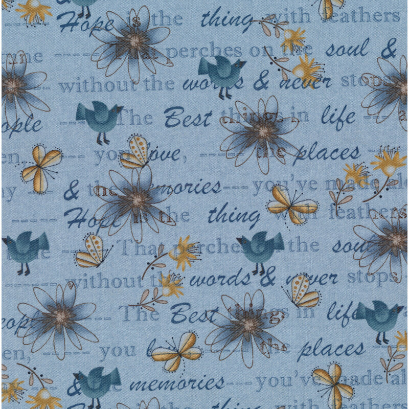 Flowers, birds, butterflies, and words of encouragement on a blue background