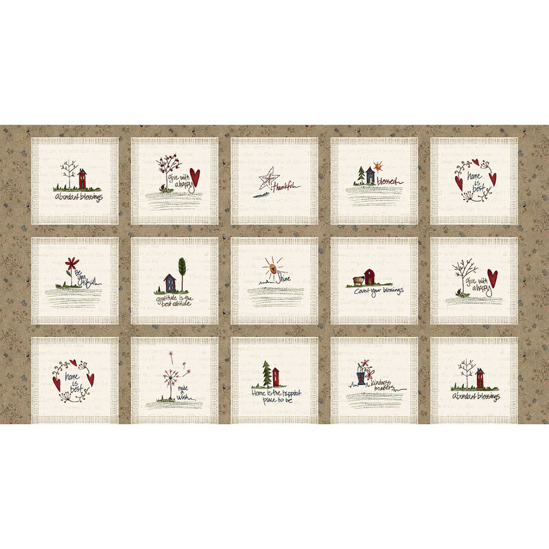 A fabric panel with 15 different primitive design blocks on a dark tan background
