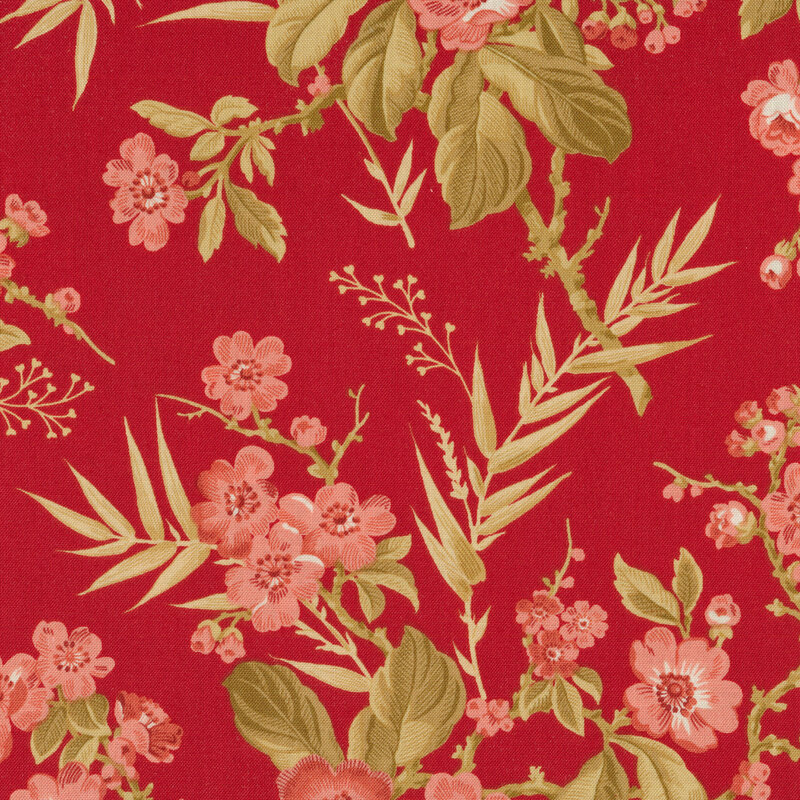 Pink and green flowers on a red background