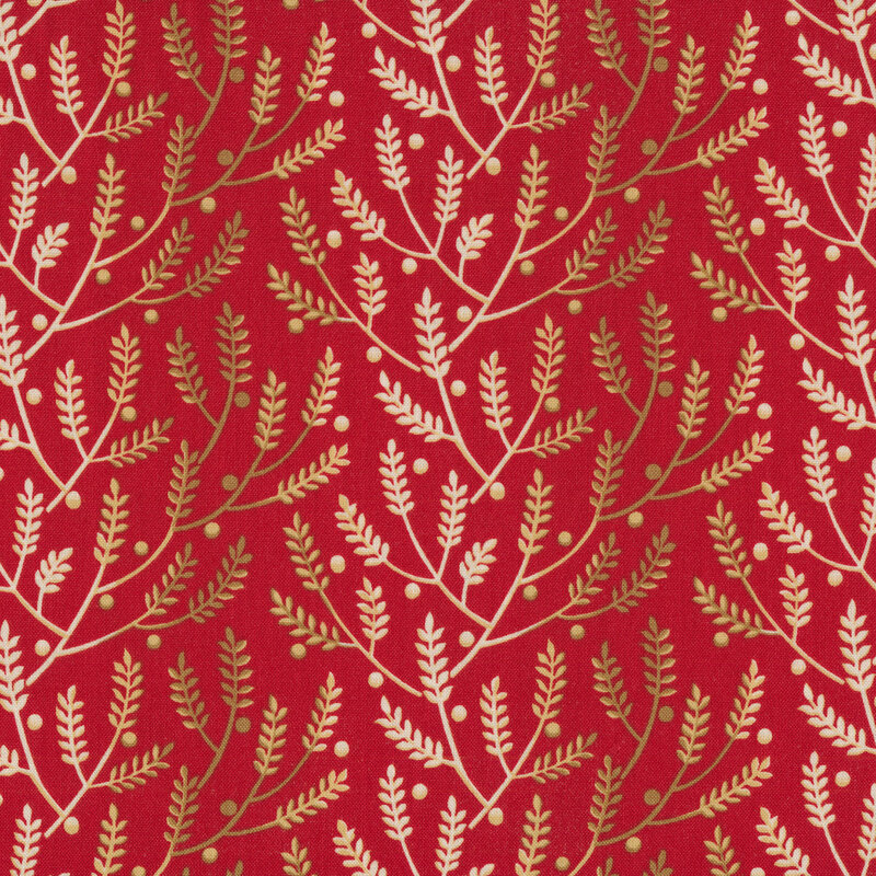 Tan and gold leaves and vines on a red background