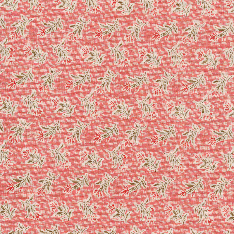 Tossed red flowers with green stems on a crosshatch pink background