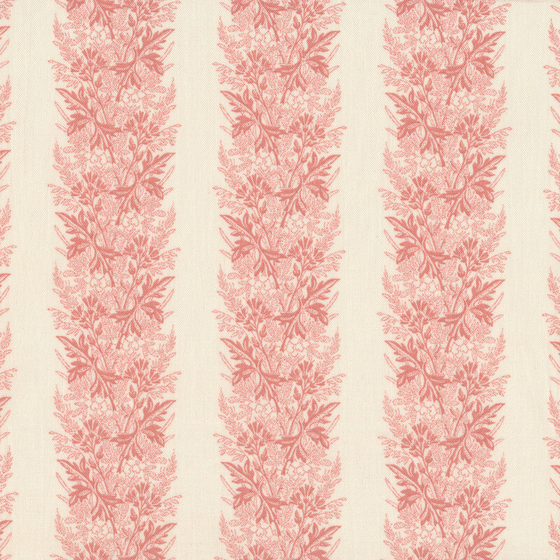 Pink leaves and floral bunches in stripes on a cream background