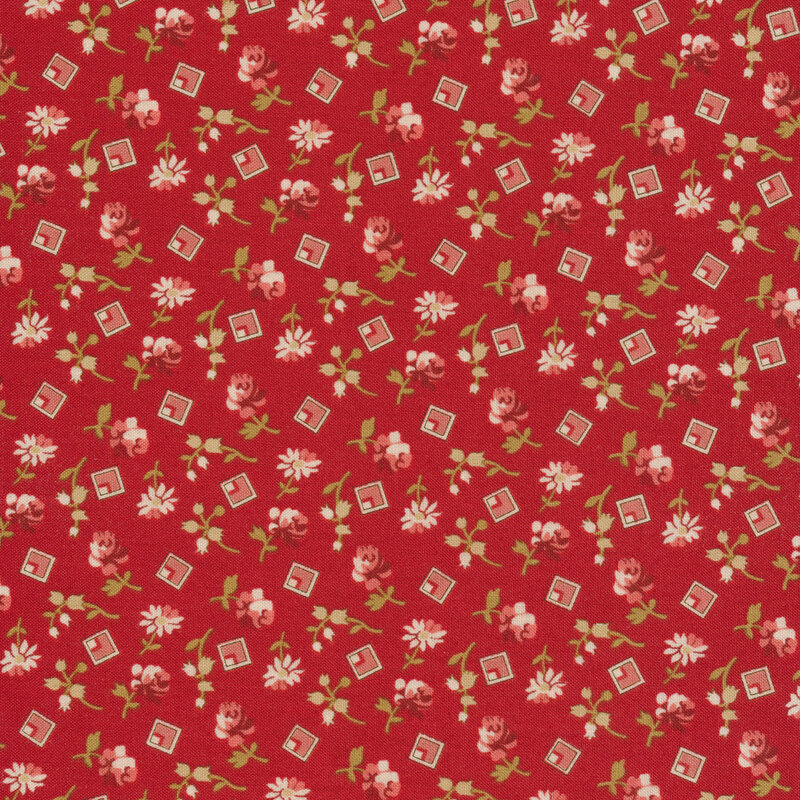 Tossed roses and pink squares on a red background